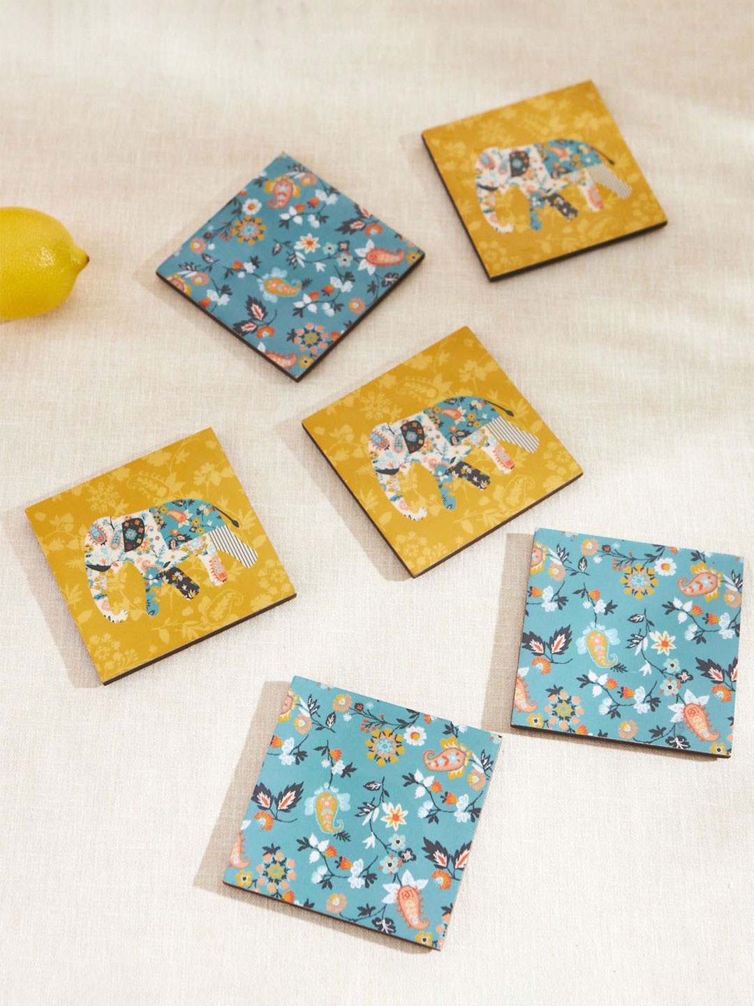 

Chumbak Yellow & Green Set Of 6 Pixel Paisley Wooden Coasters