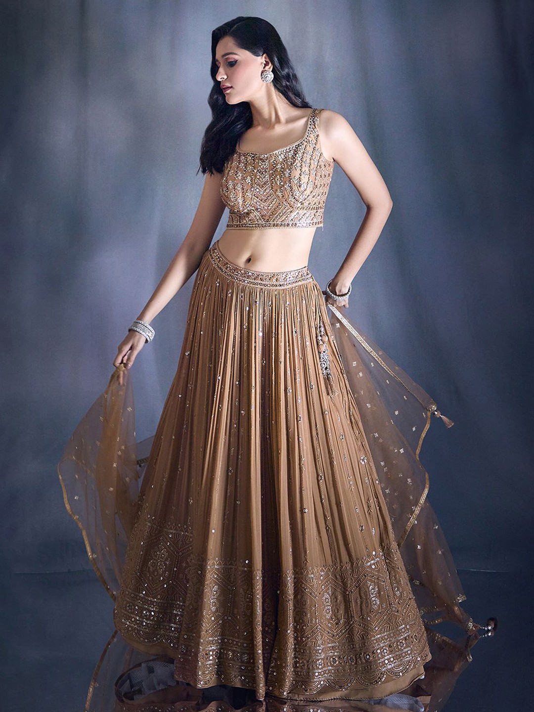 

Alaya Advani Embroidered Sequinned Ready to Wear Lehenga & Blouse With Dupatta, Brown