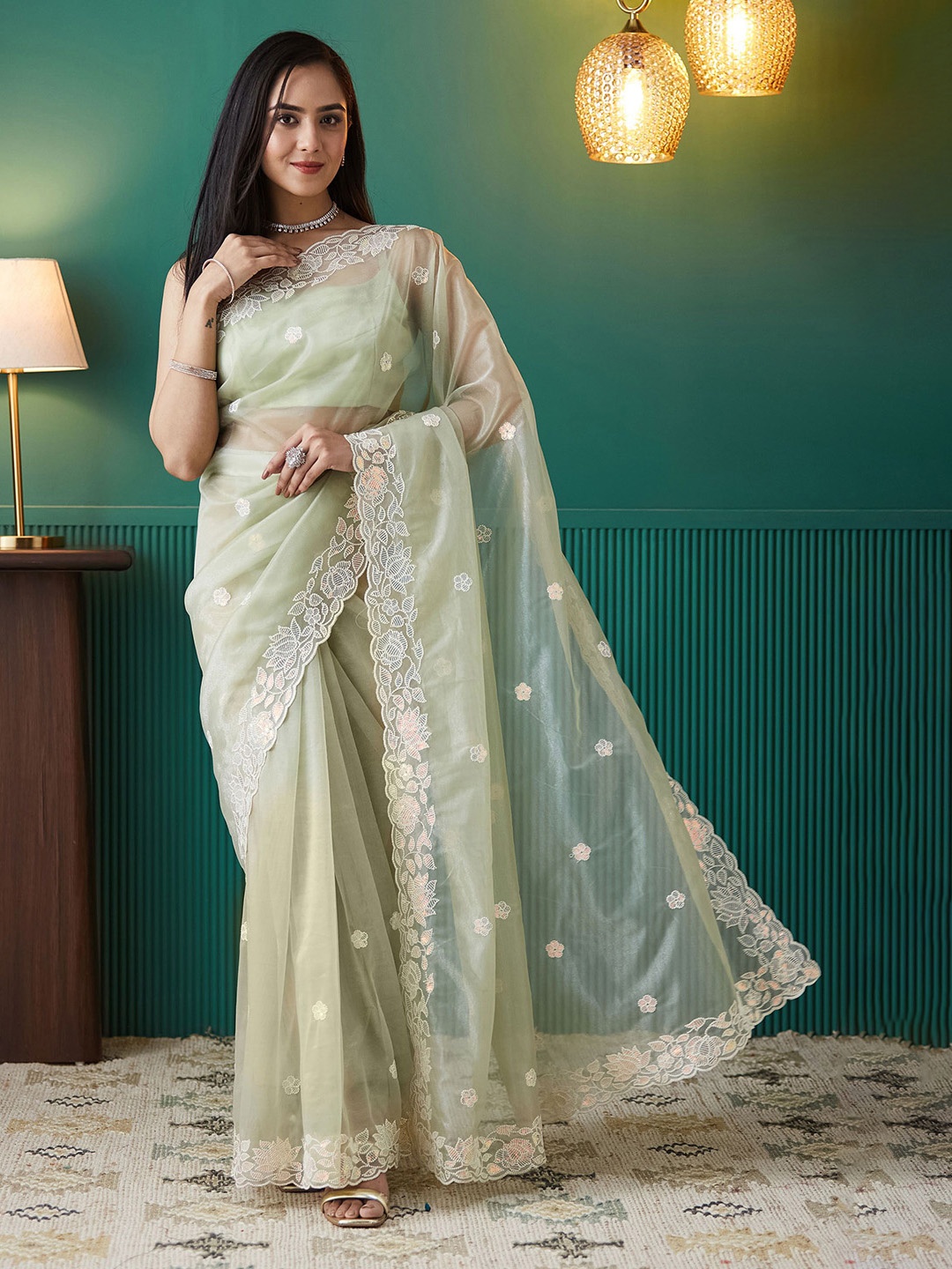 

RACHNA Embellished Embroidered Net Ready to Wear Saree, Green