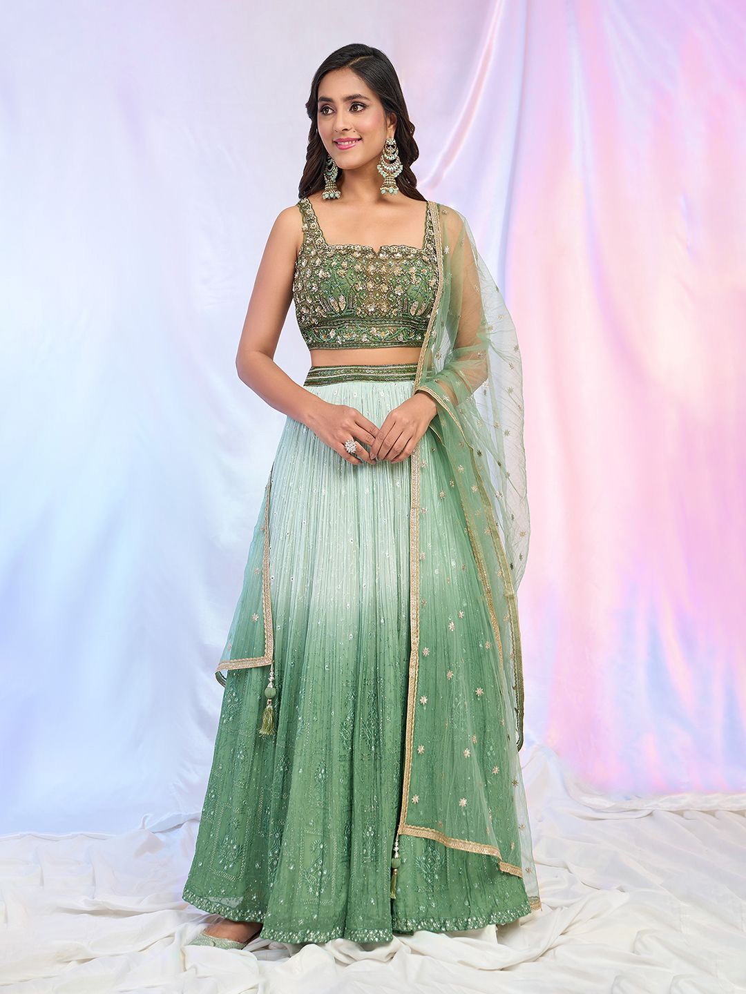 

Alaya Advani Embroidered Beads and Stones Ready to Wear Lehenga & Blouse With Dupatta, Green