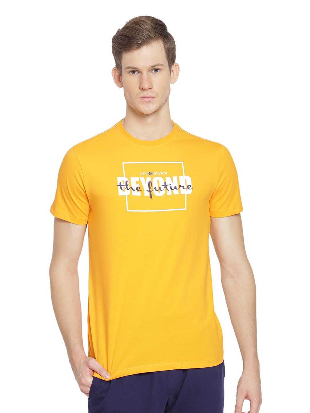 

AMSWAN Men Typography Printed Applique T-shirt, Yellow