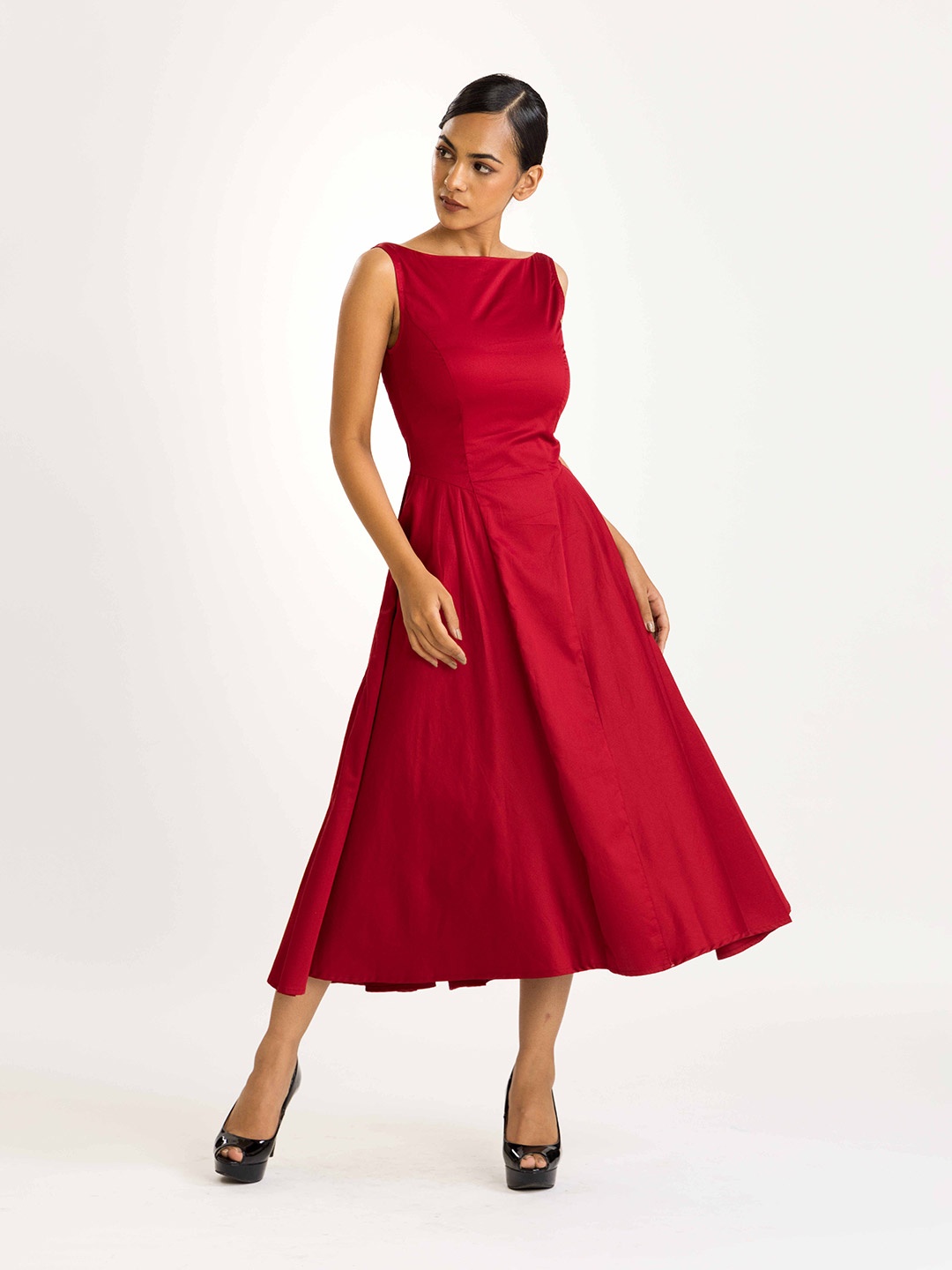 

Past Modern Satin Fit & Flare Midi Dress, Red