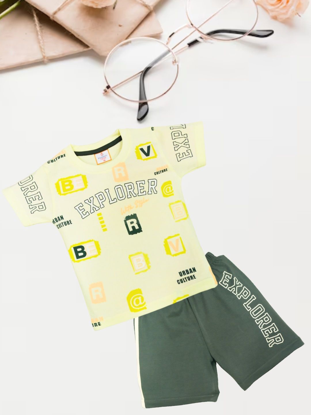

FASHION GRAB Infant Kids Printed Pure Cotton T-Shirt With Shorts, Yellow