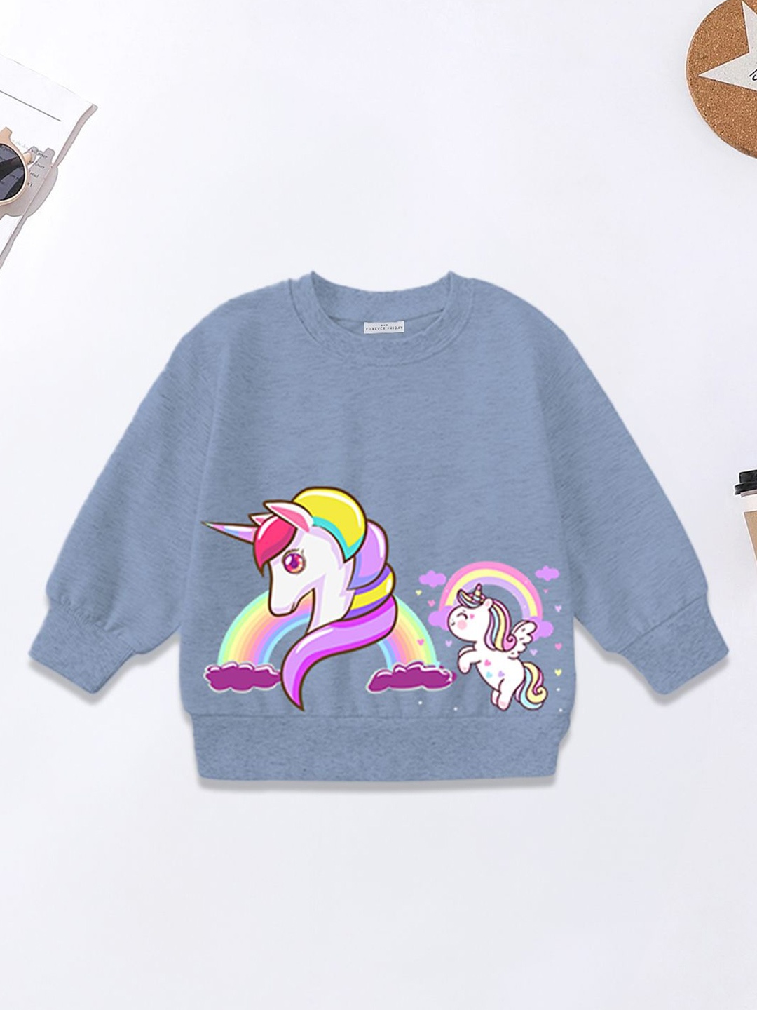 

FOREVER FRIDAY Girls Graphic Printed Pure Cotton Sweatshirt, Blue