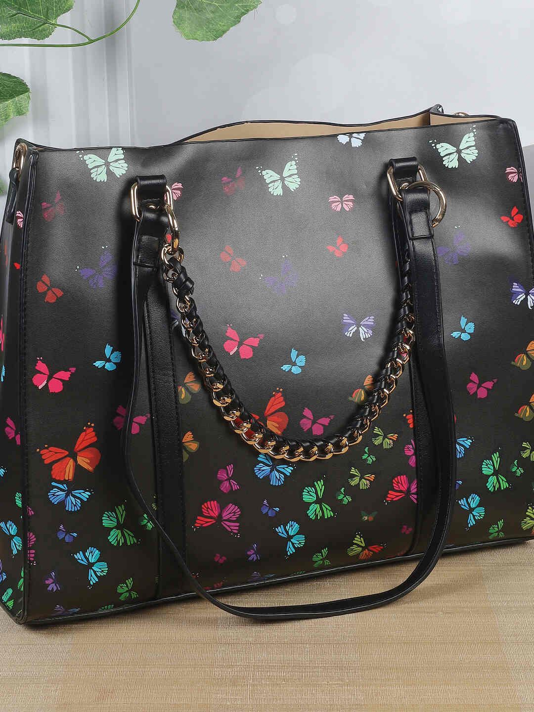 

Mochi Floral Printed PU Structured Tote Bag, Black