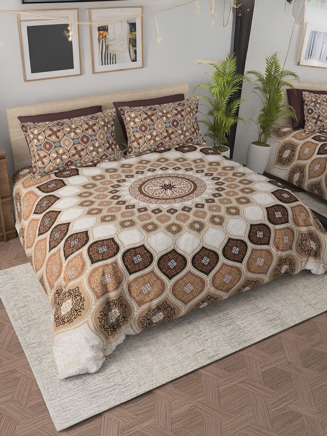 

Aura Brown & White Ethnic Motifs 140 TC Queen Bedsheet with 2 Pillow Covers
