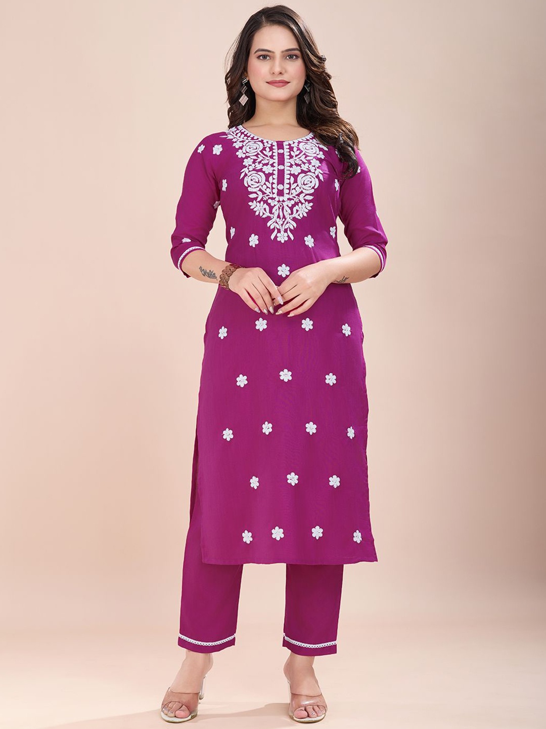 

Lerkiza Women Floral Embroidered Regular Gotta Patti Kurta with Palazzos, Pink