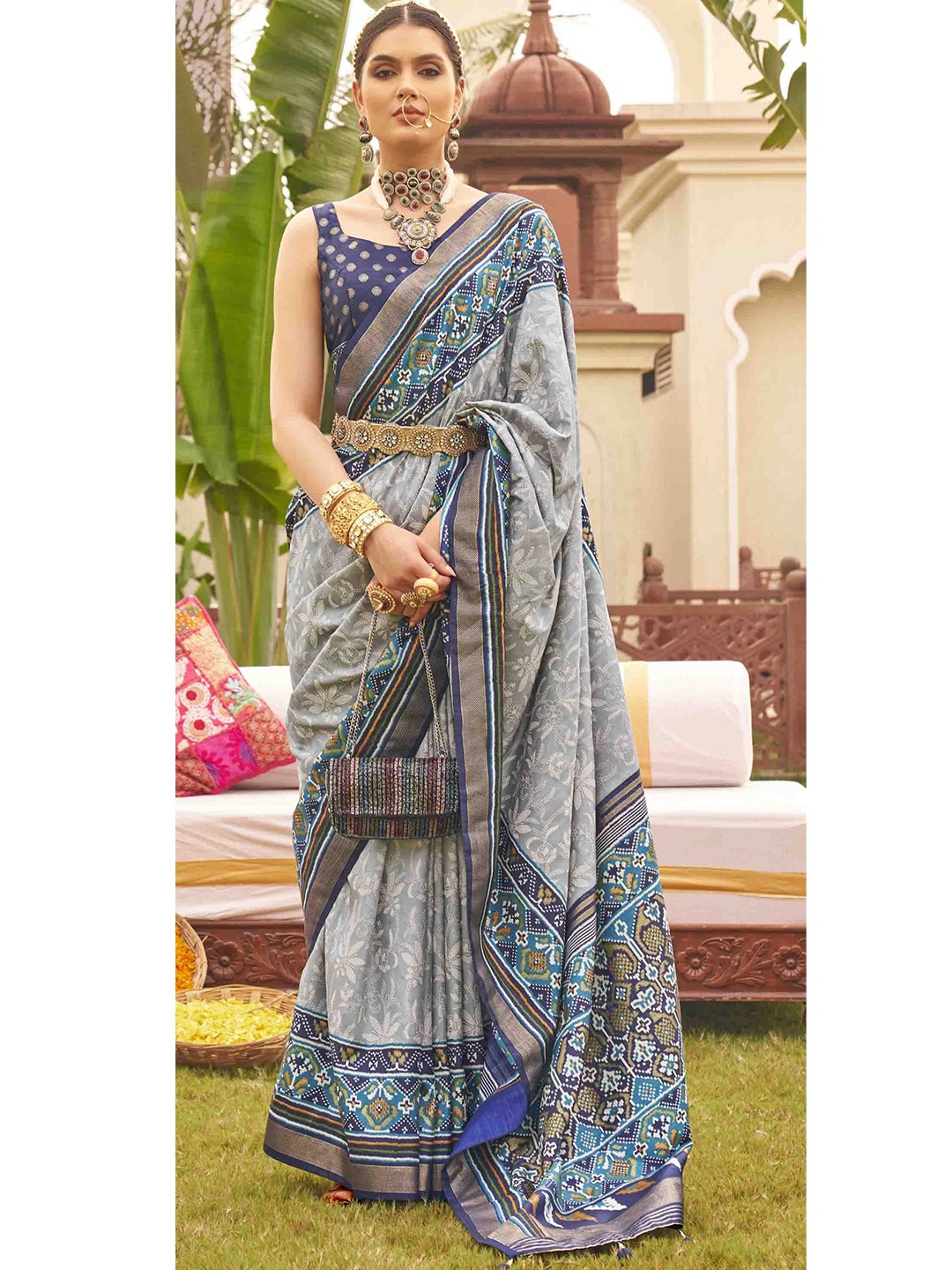 

Blissta Woven Design Silk Blend Patola Saree, Grey