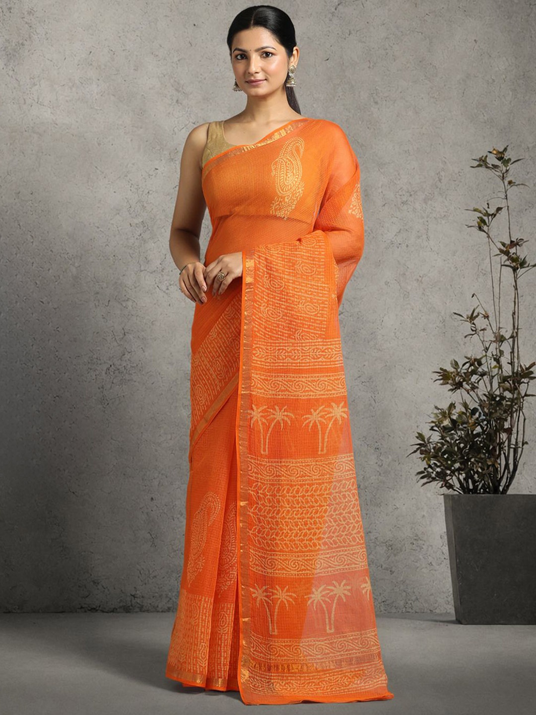 

Suha Bagh Printed Zari Pure Cotton Kota Saree, Orange