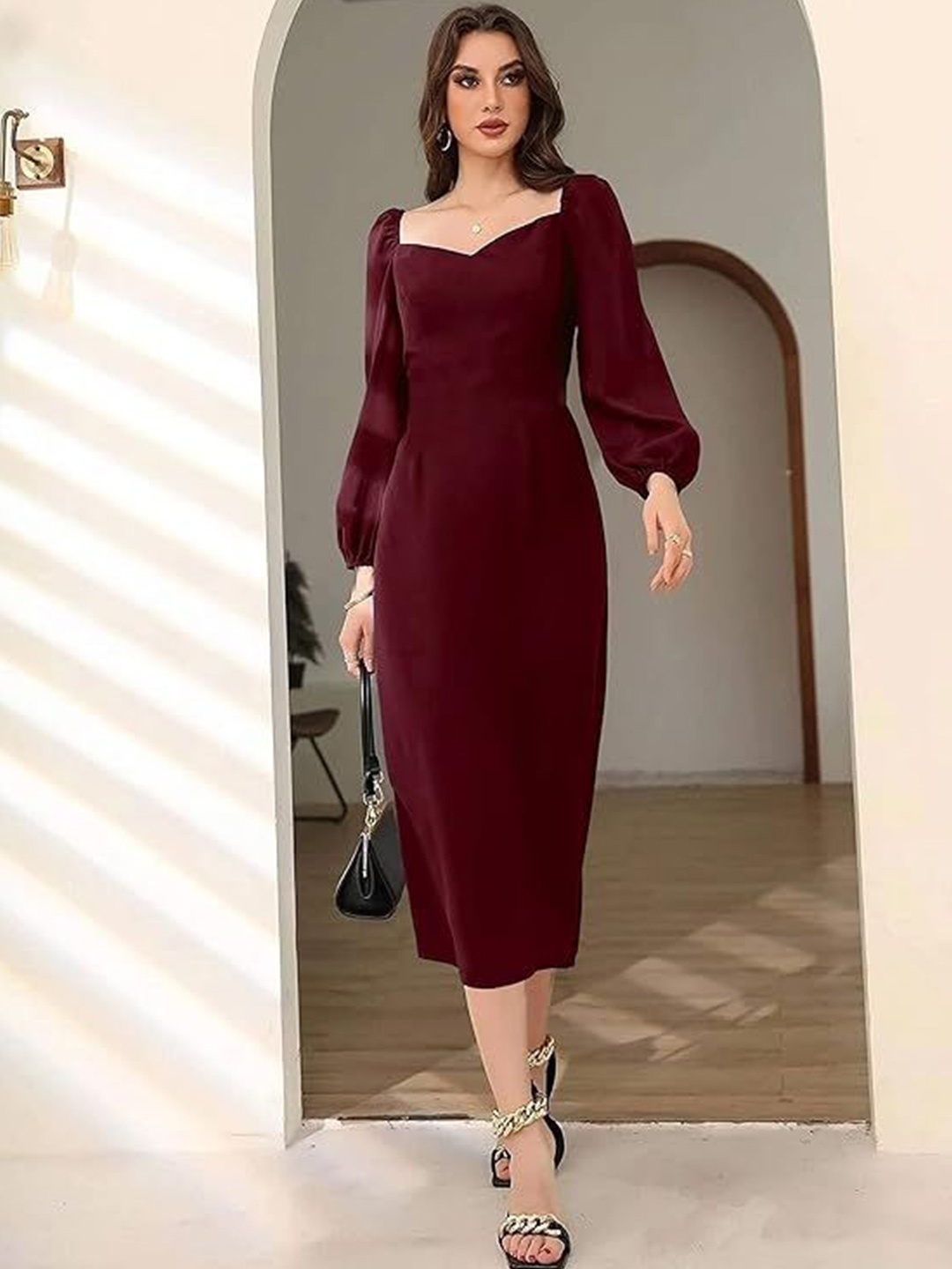 

ROSERY PARIS Puff Sleeve A-Line Dress, Maroon