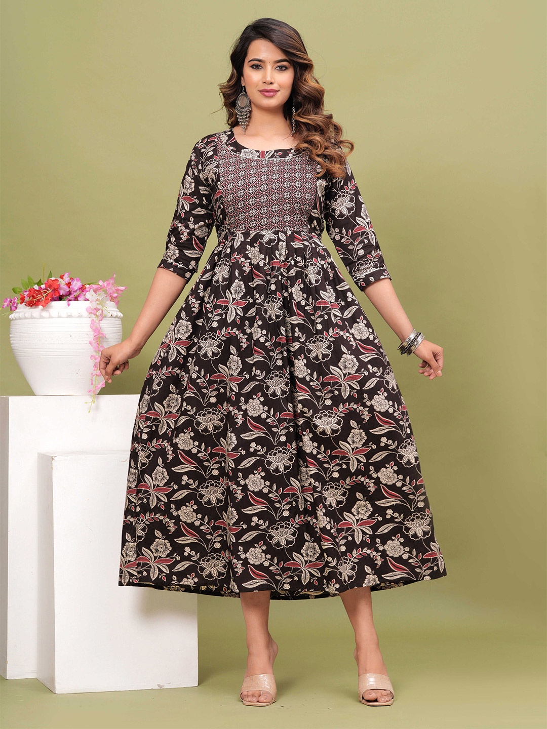 

FEMARY Women Floral Printed Cotton Maternity Midi Dress, Brown