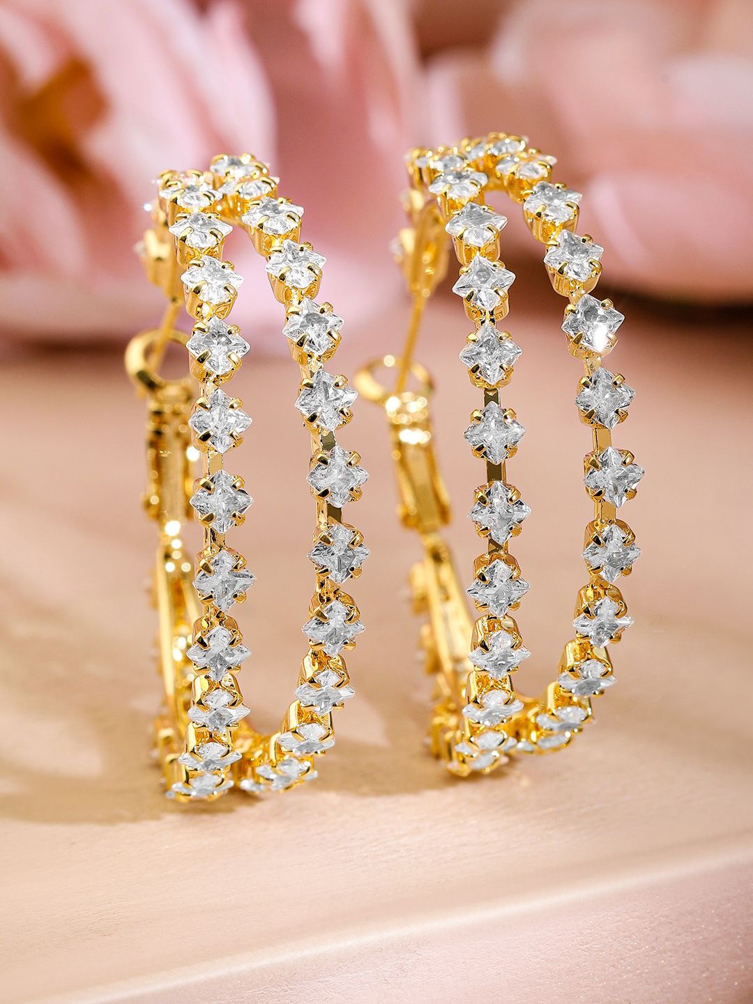 

Rubans 18K Gold-Plated Cubic Zirconia Studded Elegant Double Row Hoop Earrings, Silver