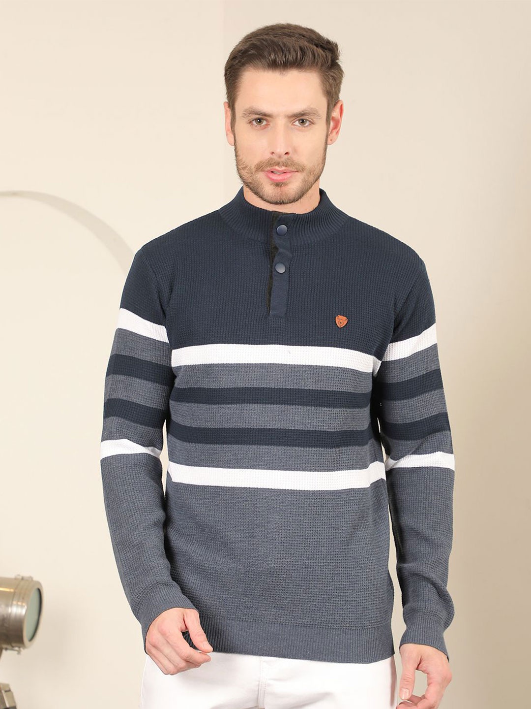 

COBB Men Striped Mock Collar Pullover Sweater, Navy blue