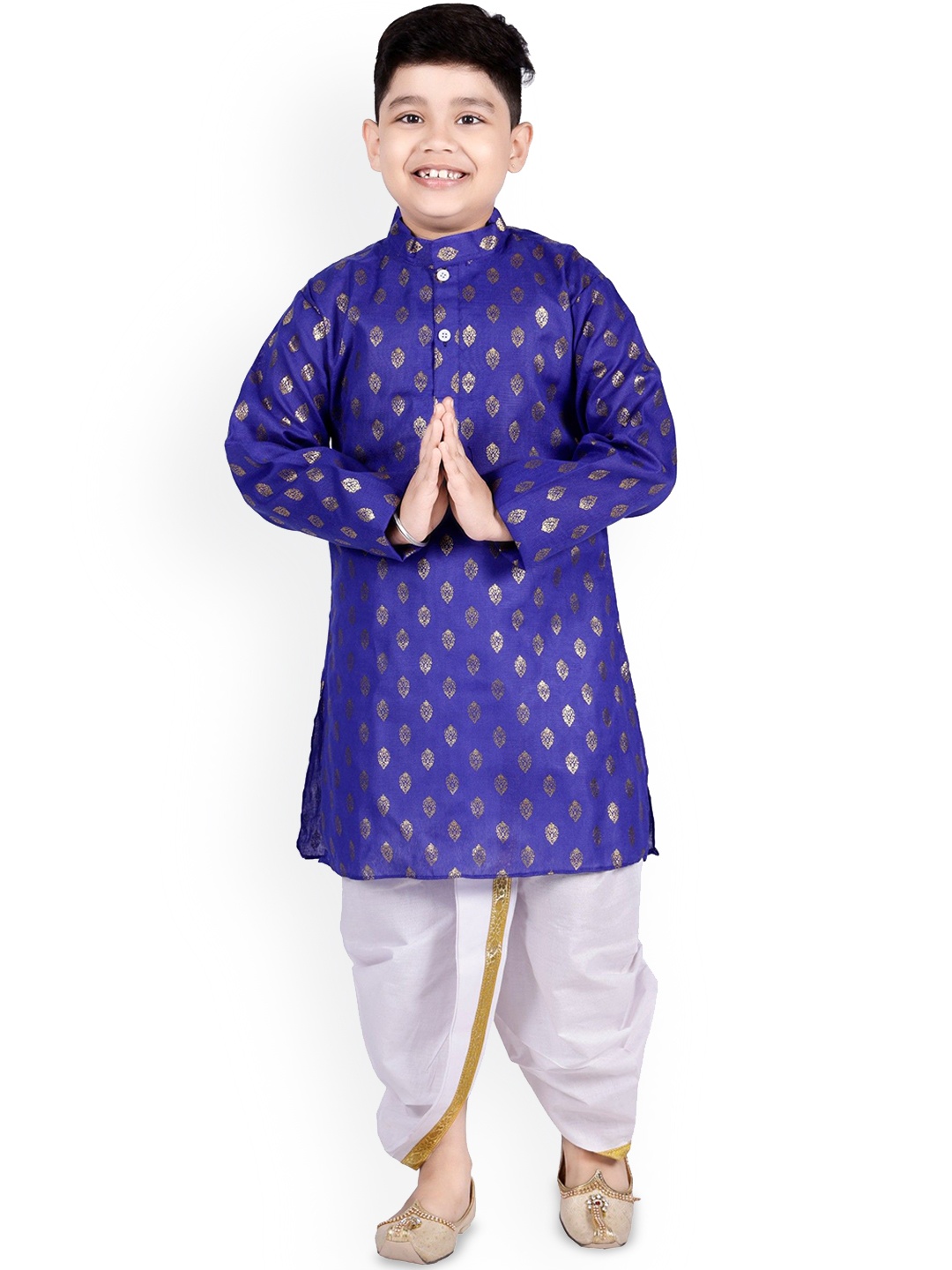 

BAESD Boys Ethnic Motifs Printed Mandarin Collar Straight Kurta With Dhoti, Blue