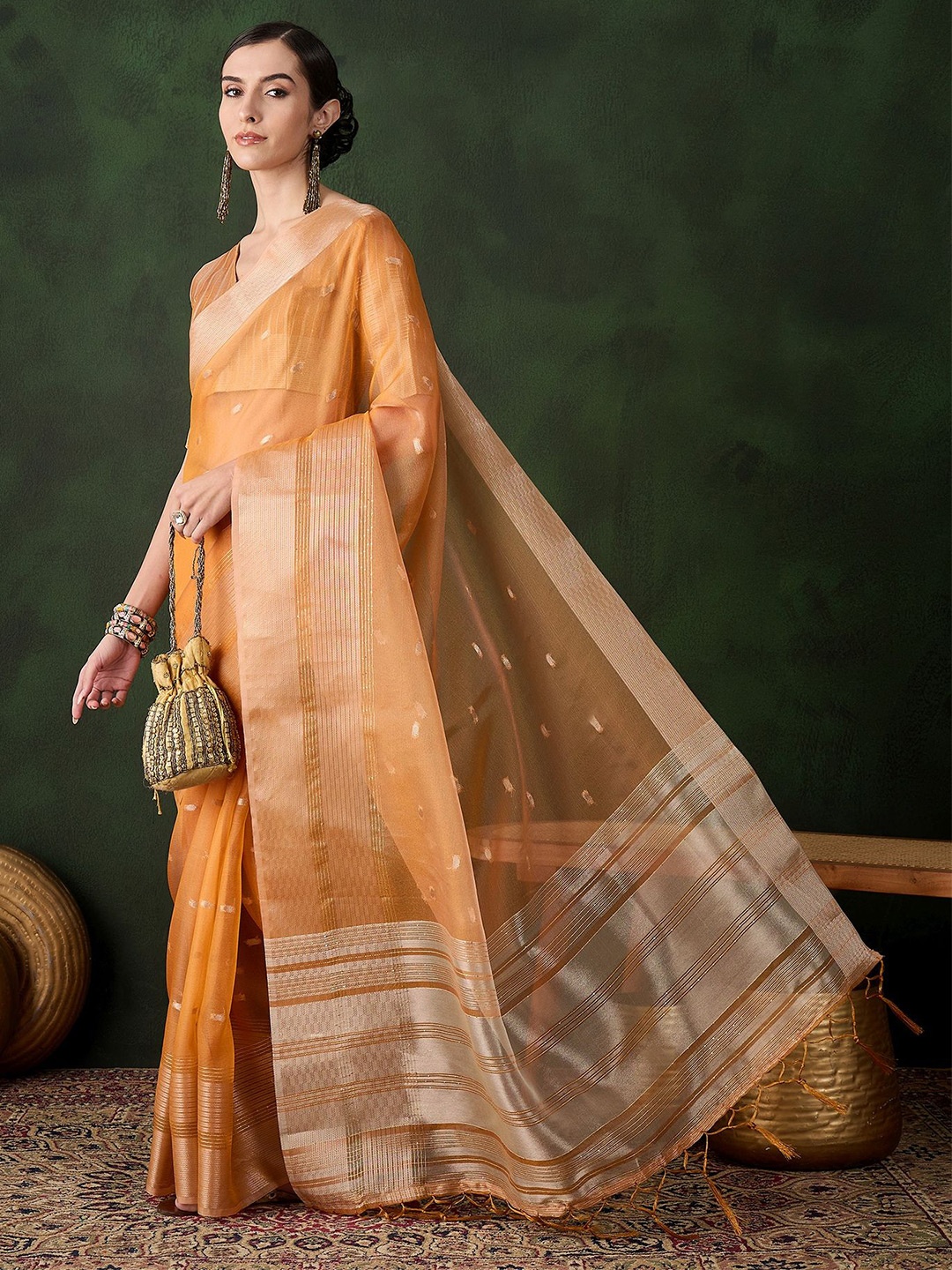 

Mitera Woven Design Zari Organza Kanjeevaram Saree, Orange