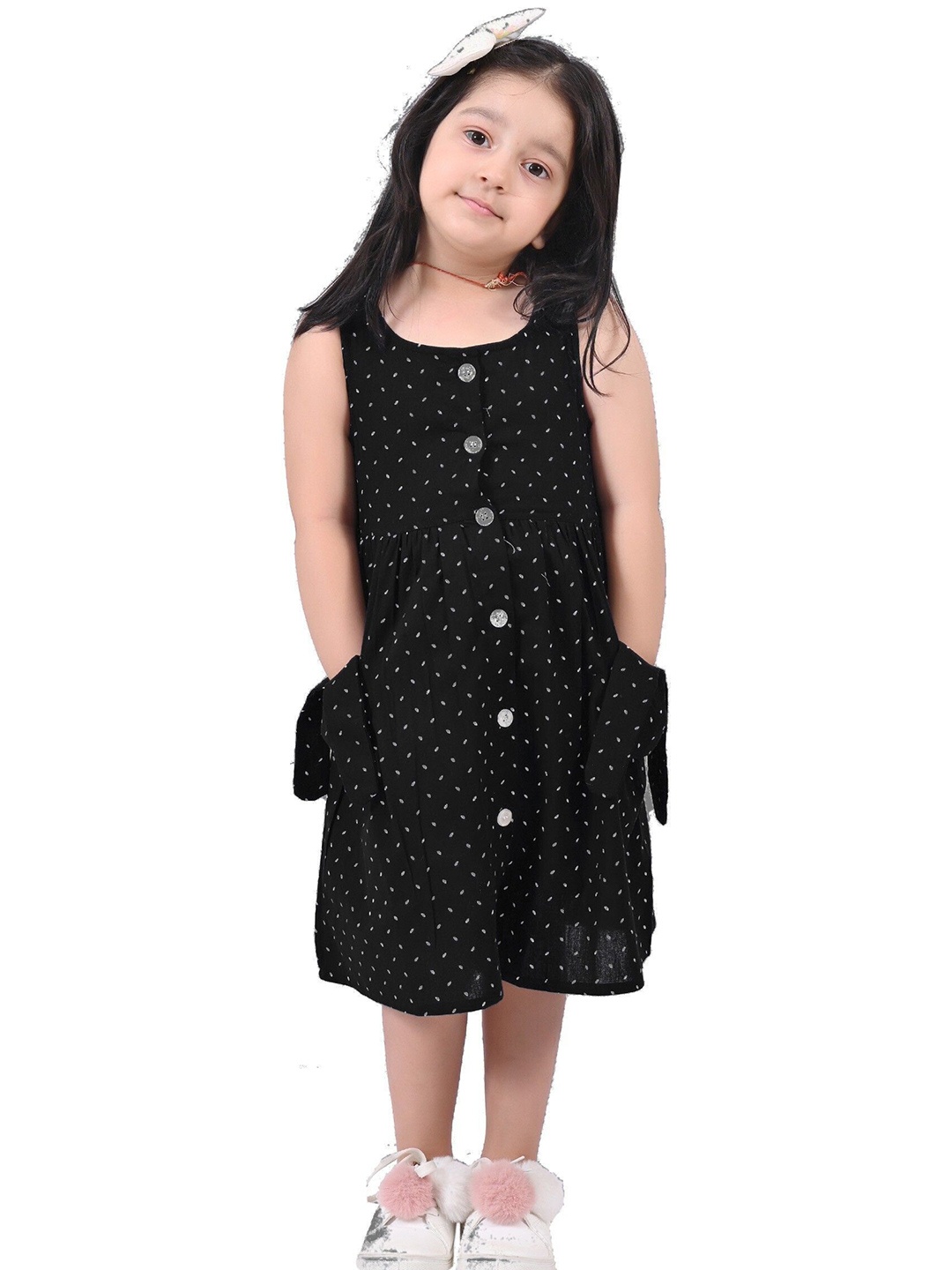 

GIANNA Girls Polka Dot Printed Cotton A-Line Dress, Black