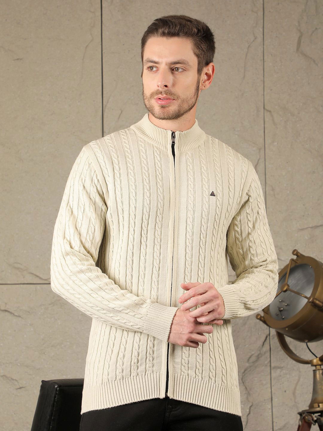 

COBB Men Cable Knit Zip-Up Sweaters, Beige