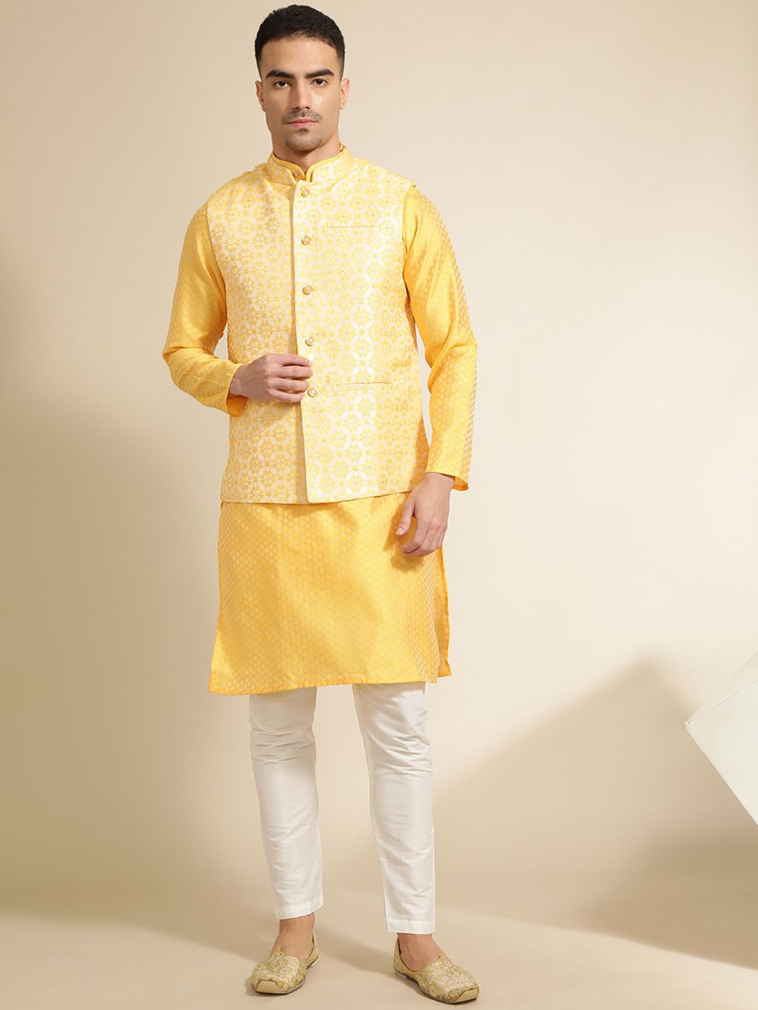 

Jaipur Kurti Ethnic Motifs Woven Design Straight Kurta With Pyjama & Nehru Jacket, Yellow