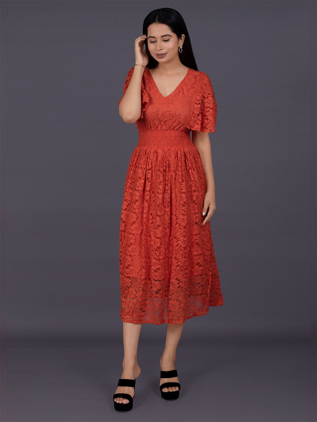 

La Aimee Flared Sleeve Lace Fit & Flare Maxi Dress, Red