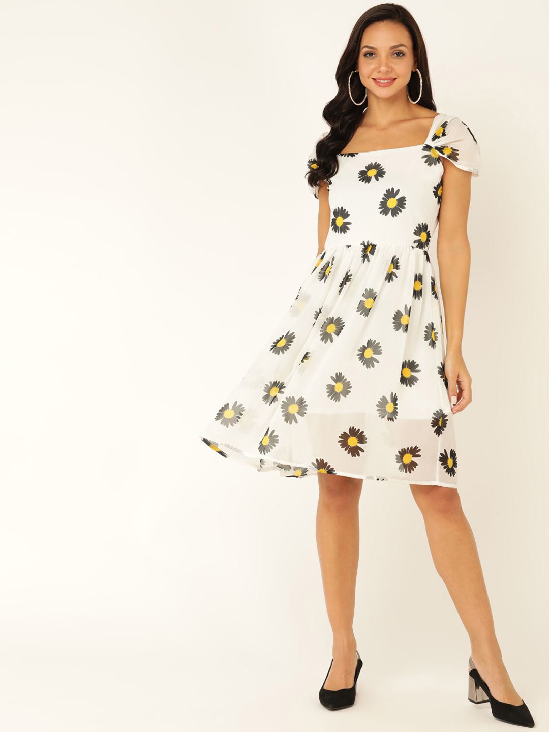 

MISS HAUTE Floral Print Cold-Shoulder Georgette Fit & Flare Dress, White