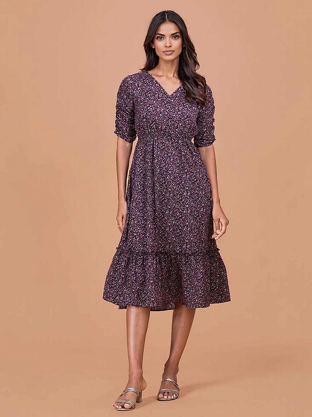 

DressBerry Floral Printed Tiered Cotton Fit & Flare Midi Dress, Black