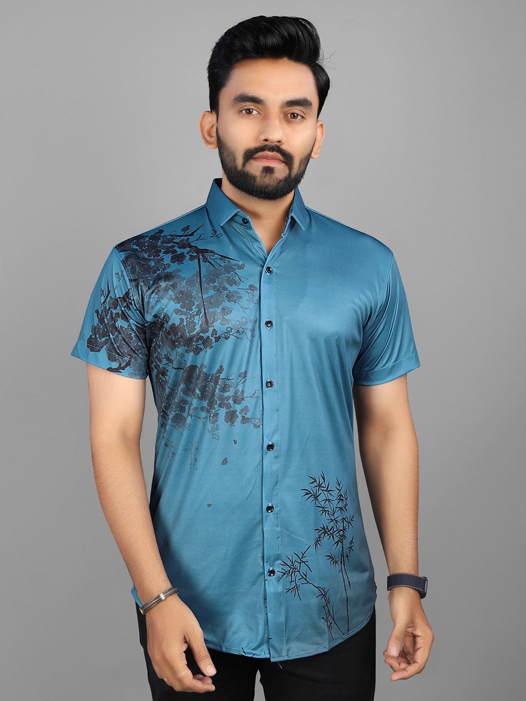 

Fashion FRICKS Men Classic Floral Opaque Printed Casual Shirt, Blue