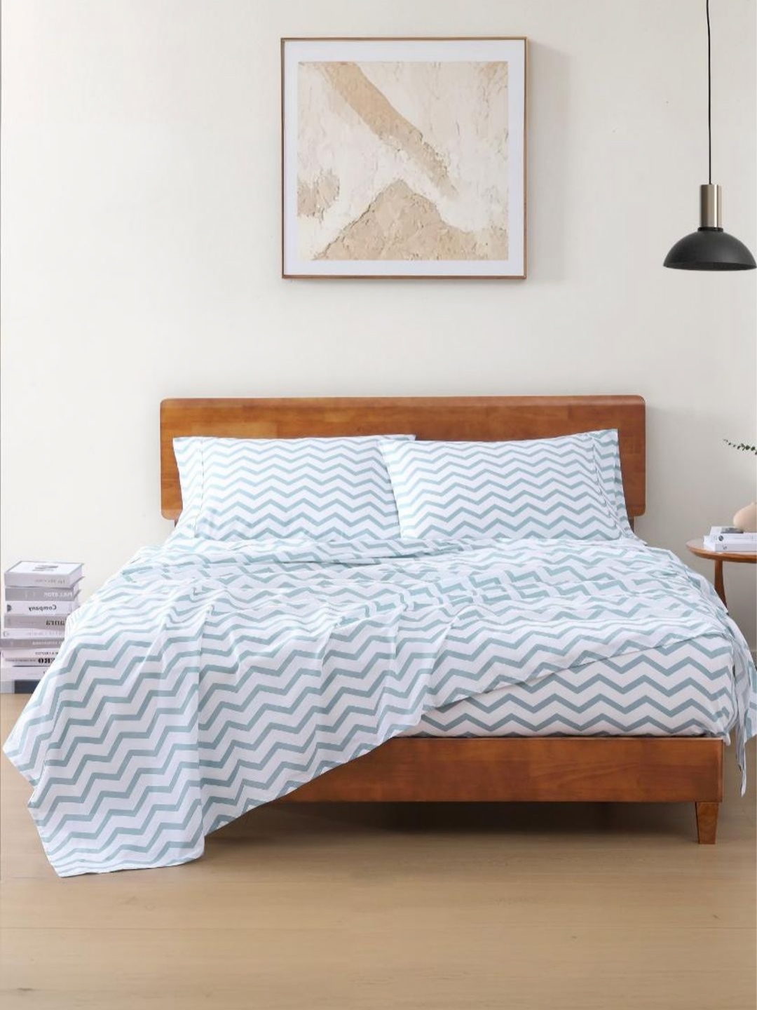 

LANE LINEN Blue & White Geometric 144 TC King Bedsheet with 2 Pillow Covers