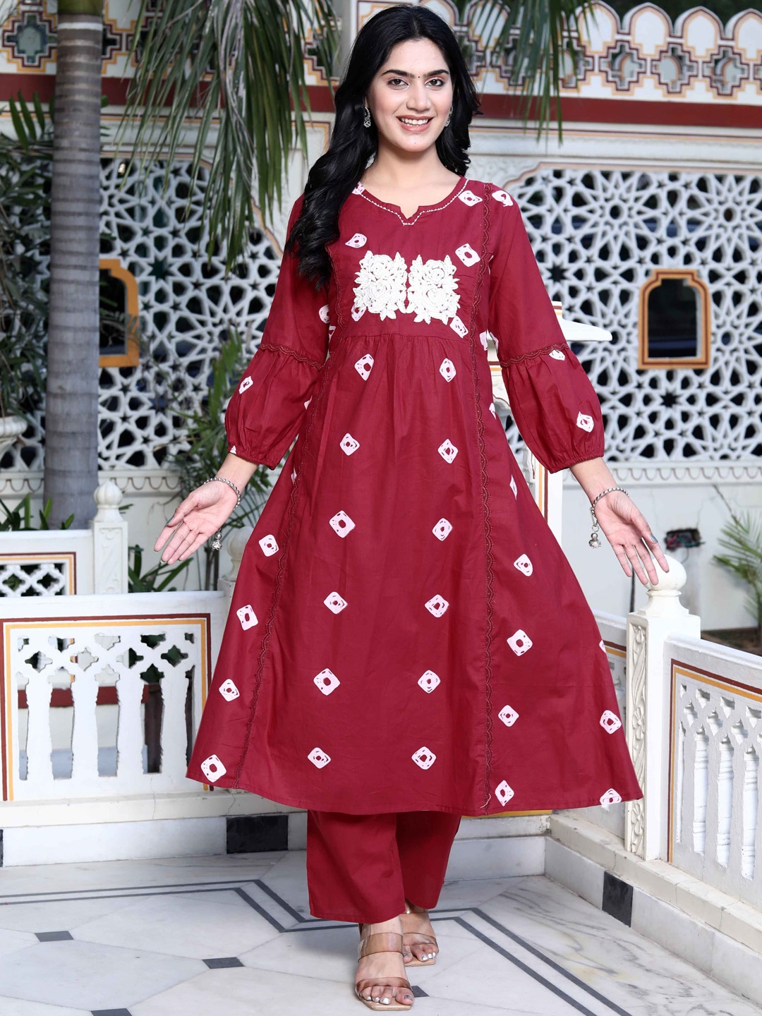 

Doriyaan Women Bandhani Embroidered Regular Chikankari Pure Cotton Kurta with Palazzos, Red