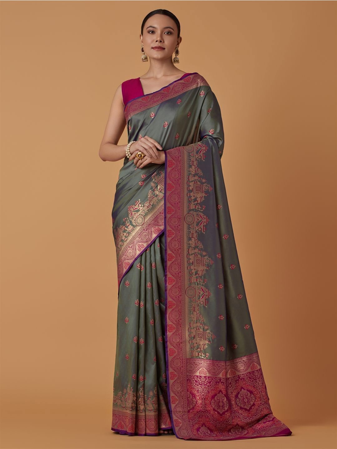 

MONJOLIKA FASHION Ethnic Motifs Woven Design Zari Banarasi Saree, Olive
