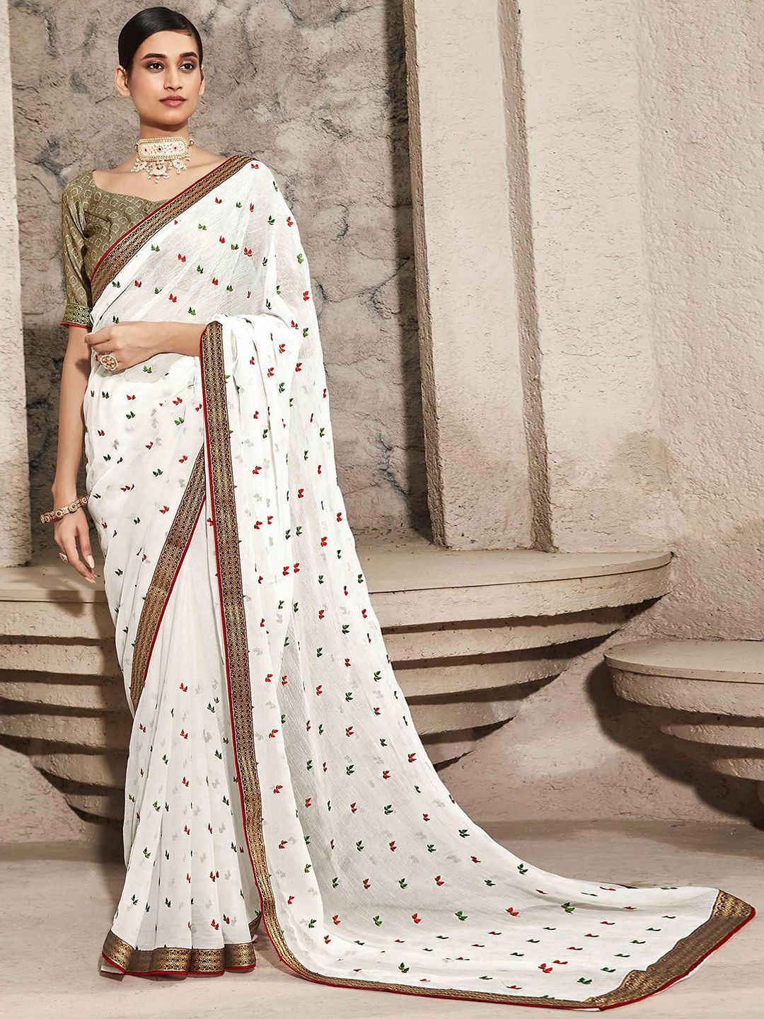 

Peachmode Floral Embroidered Pure Chiffon Saree, White