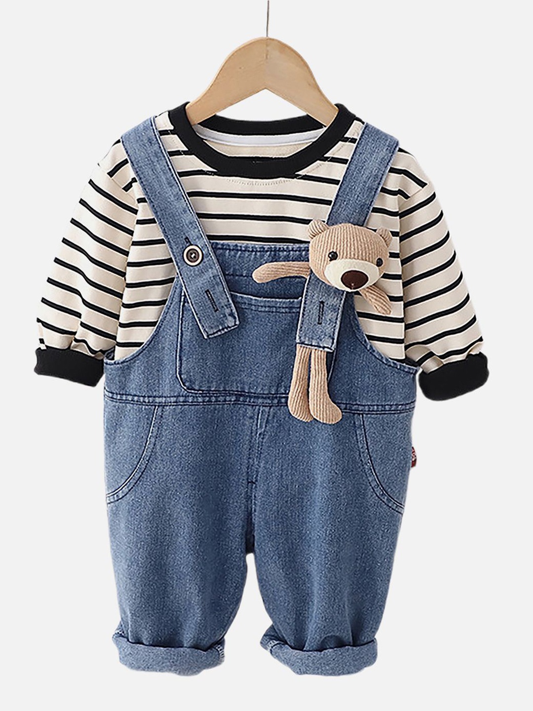 

Little Surprise Box LLP Kids Black Tee Long Teddy Toy Dungarees Set, Blue