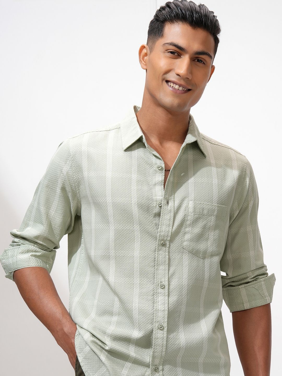 

HIGHLANDER Men Slim Fit Opaque Checked Casual Shirt, Green