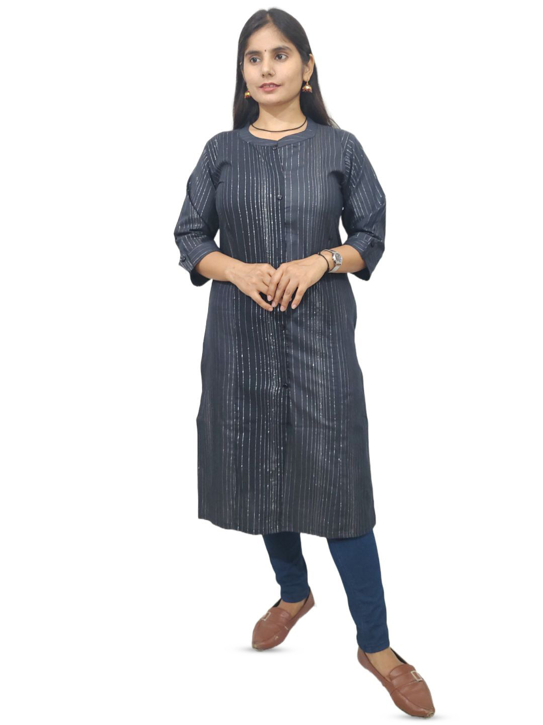 

Artisan Glory Striped Woven Design Mandarin Collar Straight Kurta, Black