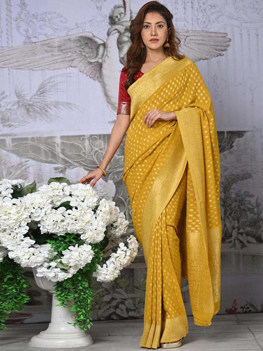 

NITARAA Woven Design Zari Pure Georgette Banarasi Saree, Yellow