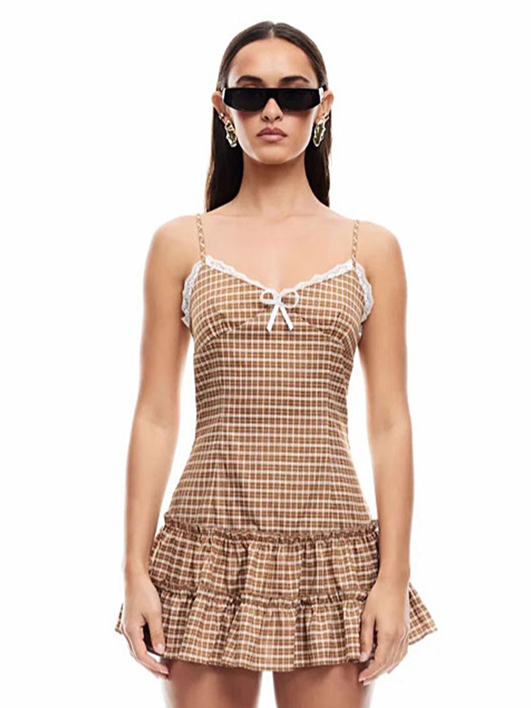 

LULU & SKY Women Checked Shoulder Straps Fit & Flare Mini Dress, Khaki