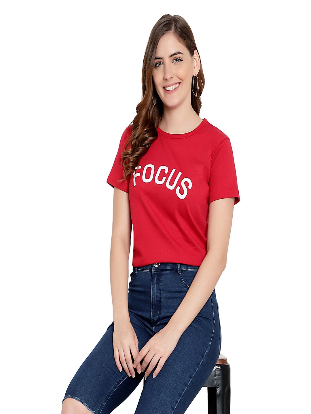 

DEEPMAYRA COLLECTION Women Typography Printed Cotton Tshirt, Red