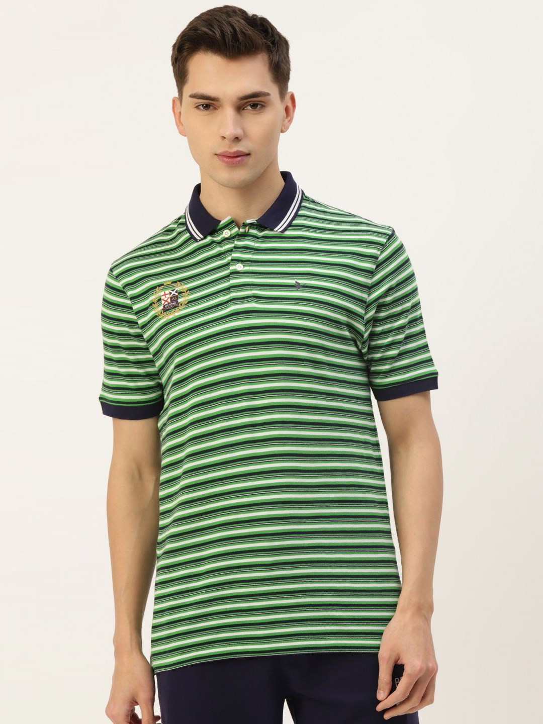 

AMSWAN Men Striped Polo Collar Applique T-shirt, Green