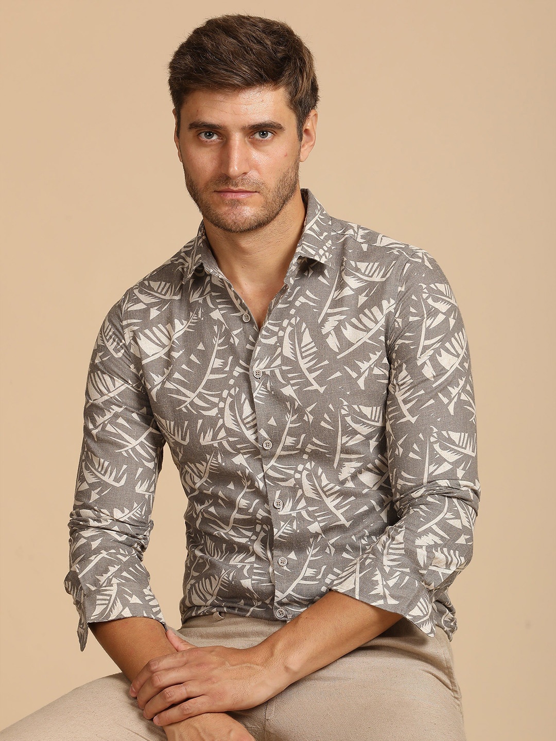 

Dennis - Cotton Linen Printed Shirt - Khaki