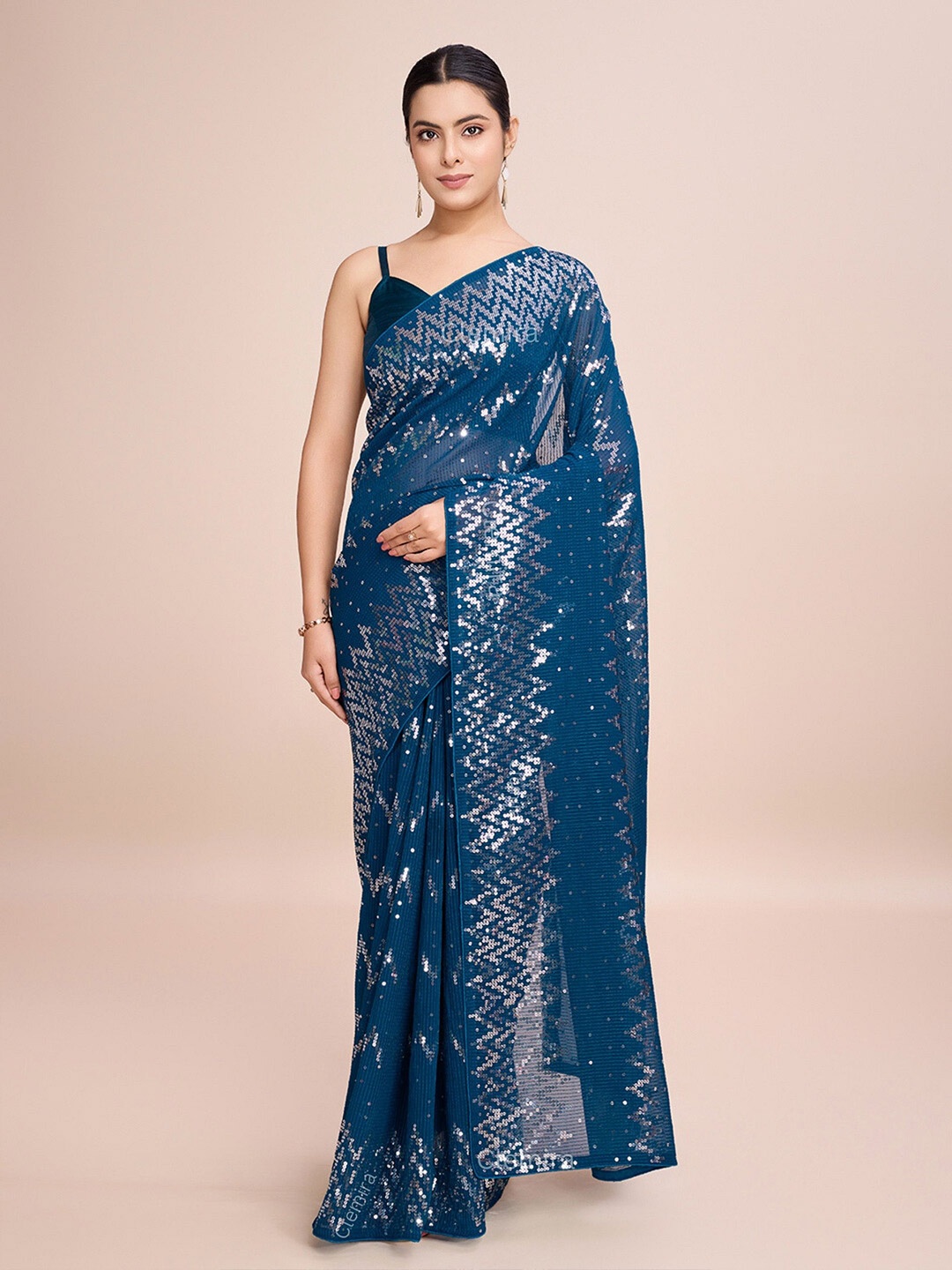 

CLEMIRA Embellished Sequinned Pure Georgette Saree, Blue