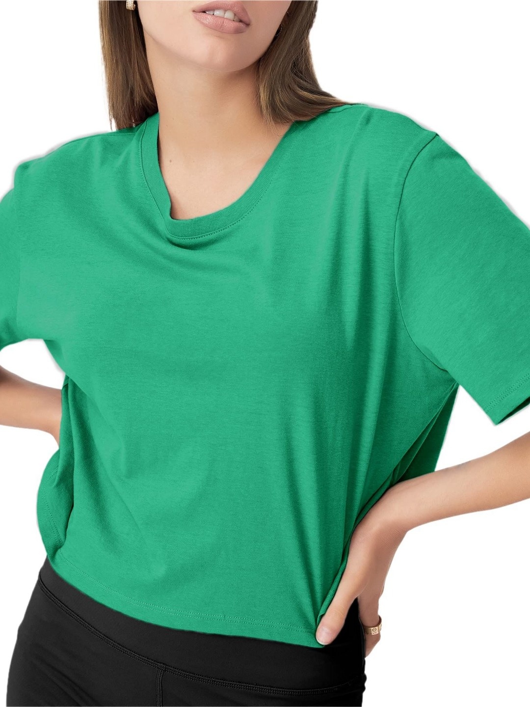 

NOTWILD Women Solid Round Neck Cotton Boxy T-shirt, Green