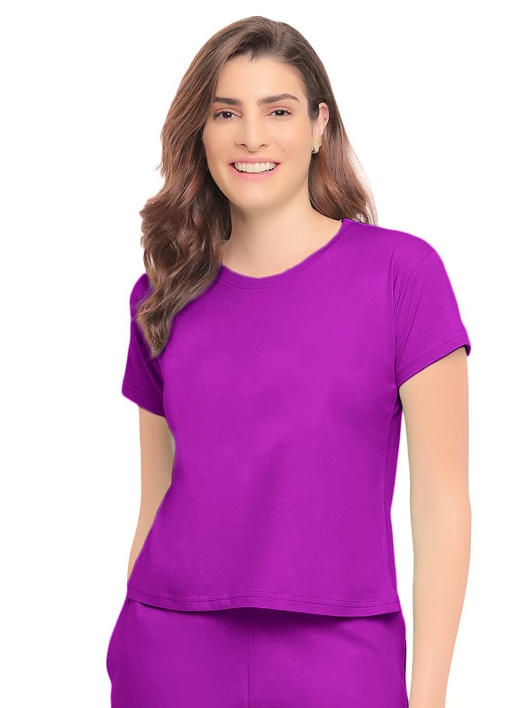 

NOTWILD Women Solid Cotton Crop T-shirt With Short, Purple