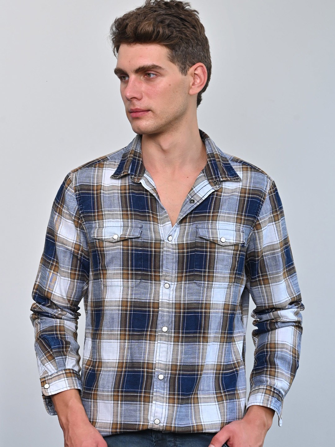 

POE Men Funky - Indigo Check Shirt, Navy blue