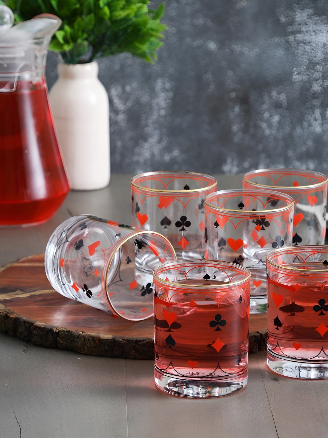 

EK DO DHAI Transparent & Red 6 Pieces Poker Card Printed Golden Line Bar Glass 300 ml Each