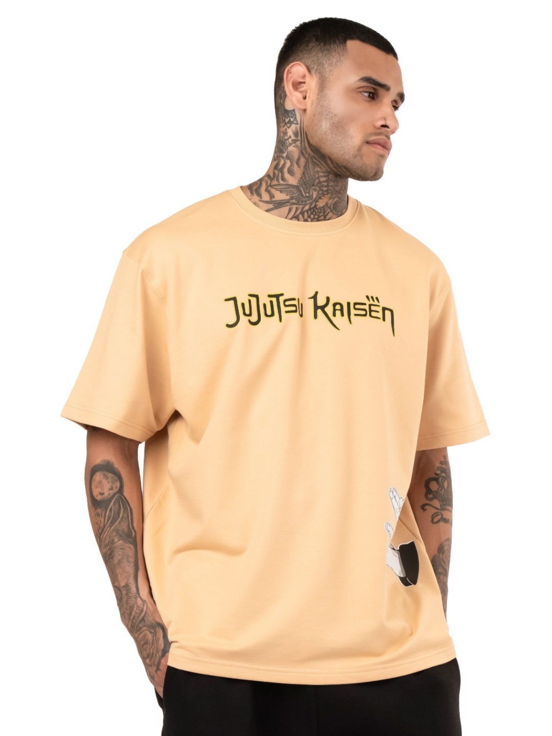 

RHINO CULT Men Graphic Printed Round Neck Cotton Oversized T-shirt, Peach