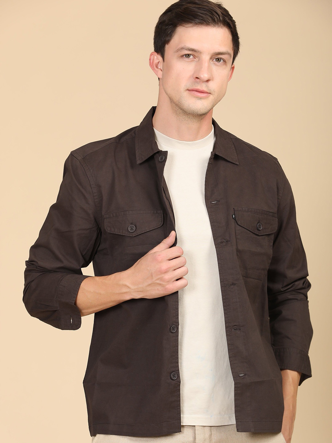 

POE Men Harmani - Soft Cotton Solid Overshirt - Brown