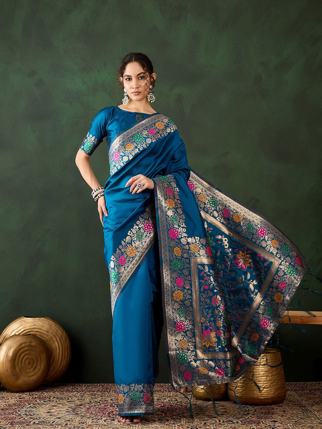 

Mitera Floral Zari Banarasi Saree, Teal