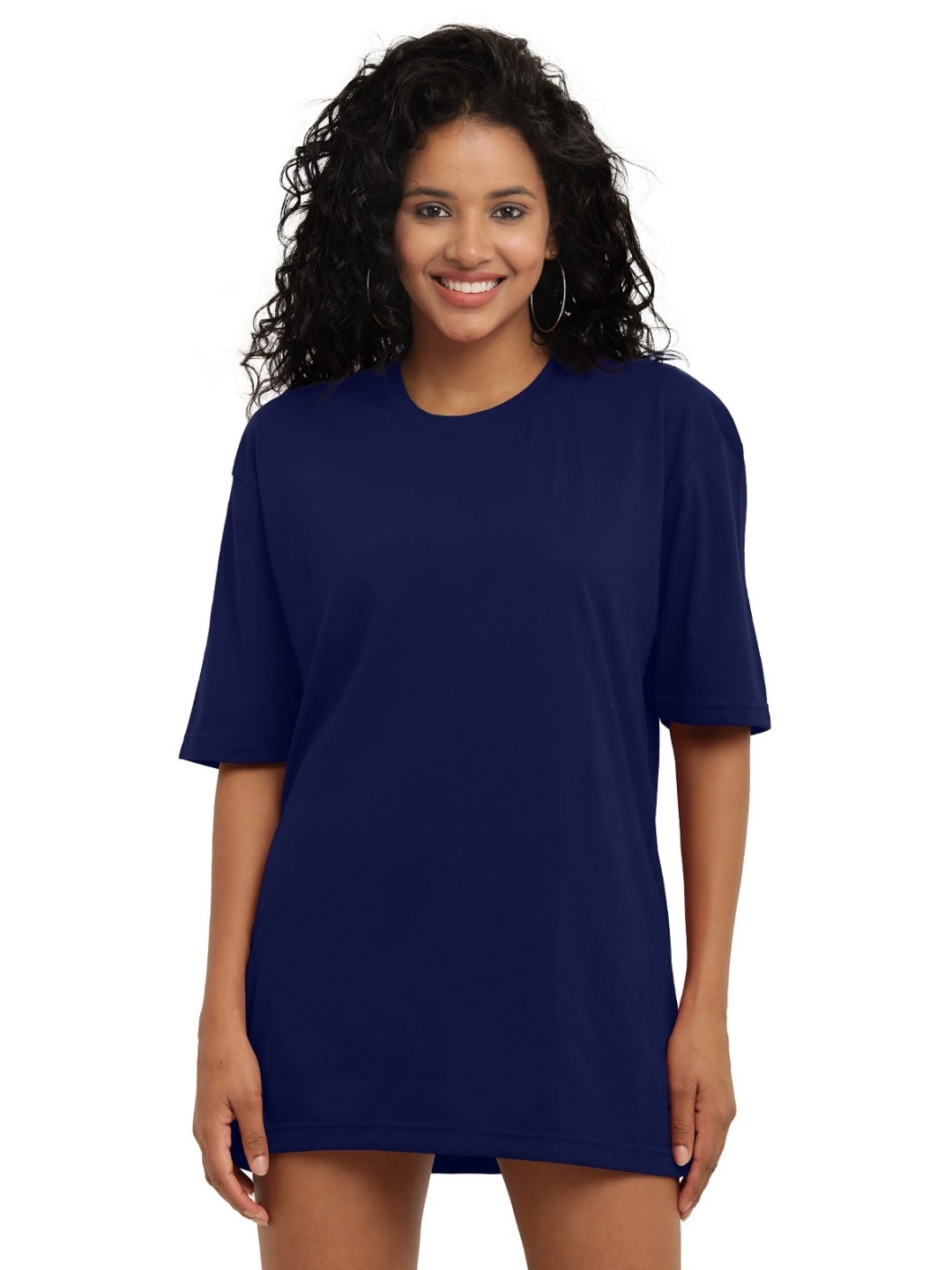 

NOTWILD Women Solid Round Neck Cotton Oversized T-shirt, Blue