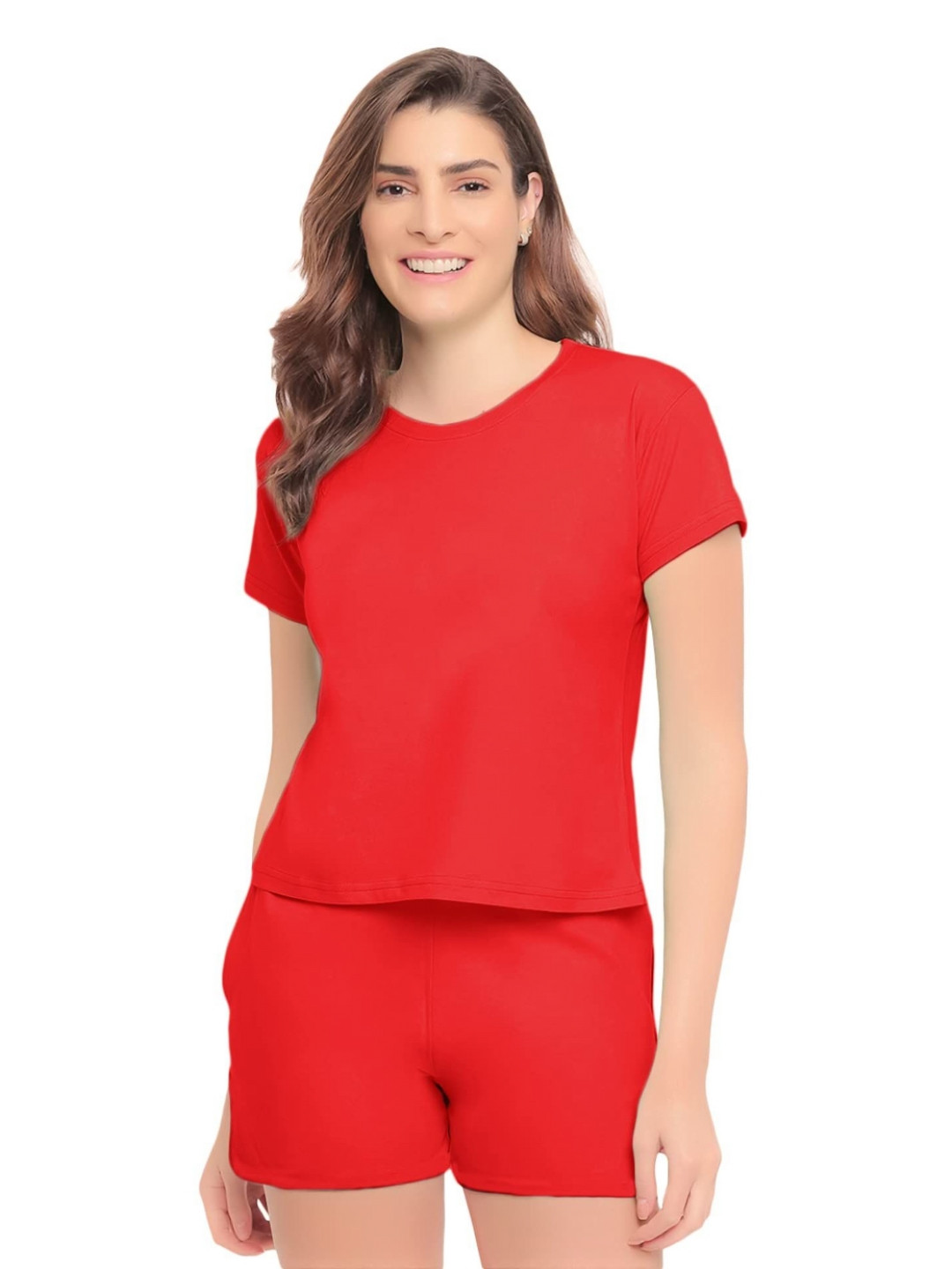 

NOTWILD Women Solid Cotton Crop T-shirt With Short, Red