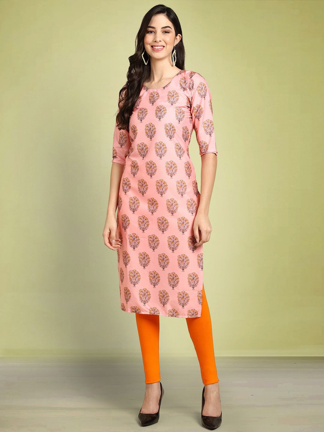 

Moda Rapido Floral Printed Round Neck Straight Kurta, Peach
