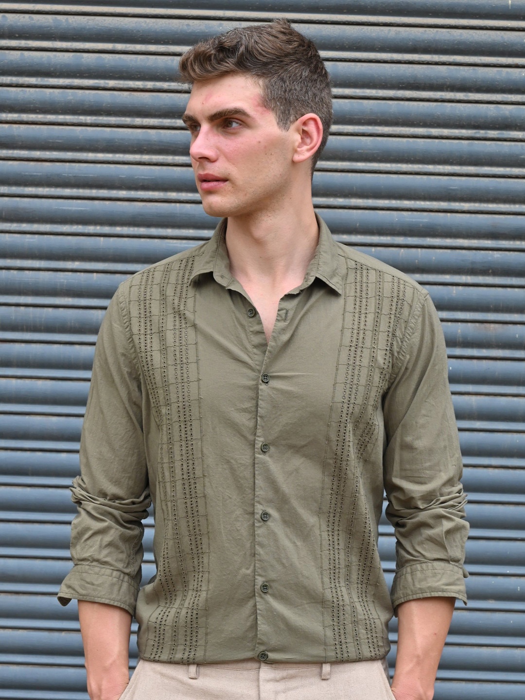 

Amin - Crotchet Striped Shirt - Olive